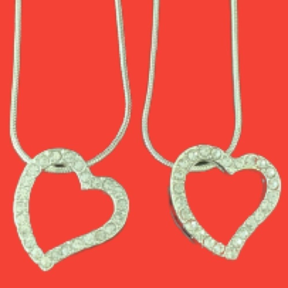 Set of 2 Open Heart Rhodium Plated Pendant Necklaces with Swarovski Crystals